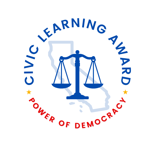 civic learning award circular logo with scales of justice and state of CA profile